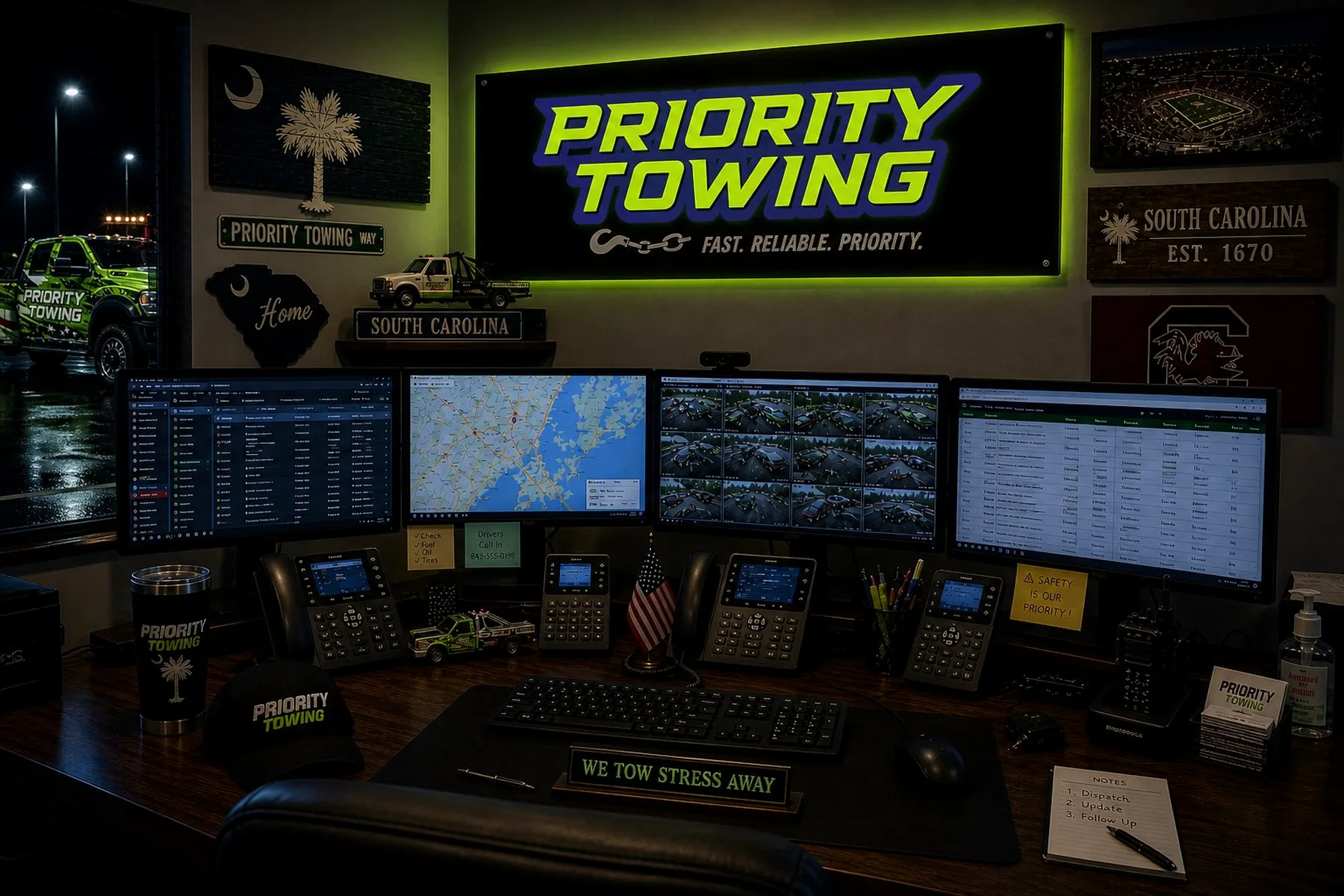 Priority Towing dispatch desk in Lexington, SC — four monitors, four phones, branded mug and hat, backlit Priority Towing logo on the wall
